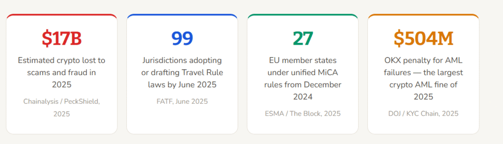 Statistiques du marché 2025 Infographie montrant les 17 milliards de dollars perdus à cause de la fraude et l'amende de 504 millions de dollars infligée à OKX pour des manquements en matière de lutte contre le blanchiment d'argent en 2025.