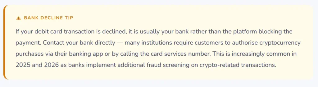 Bank Decline Troubleshooting Tip box explaining why banks block crypto debit card transactions and how to authorize them.