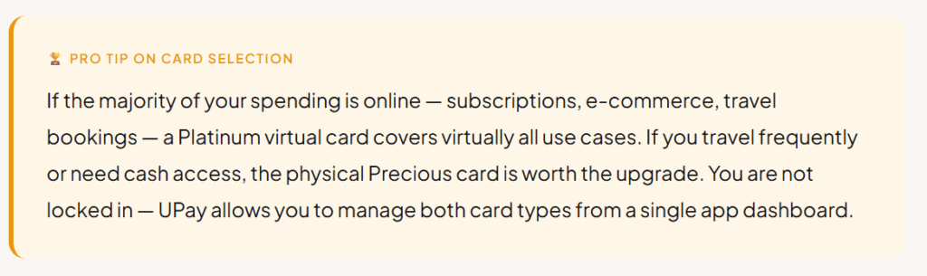 UPay virtual card vs. physical card selection guide recommending Platinum virtual cards for online spending and Precious physical cards for cash access.