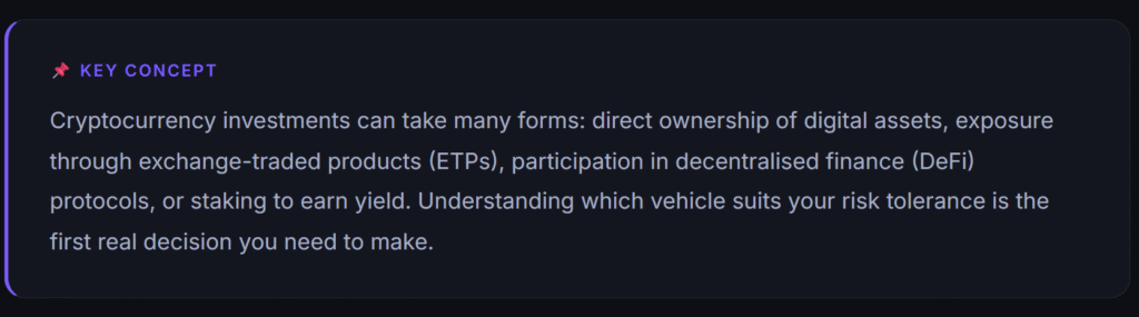 Key Concept box describing different ways to gain market exposure, from direct ownership and ETPs to DeFi protocols and yield-bearing staking.