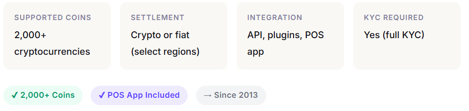 Cryptocurrency Payment Gateways overview of CoinPayments, featuring support for 2,000+ coins, a dedicated POS app, and low 0.5% merchant fees since 2013.