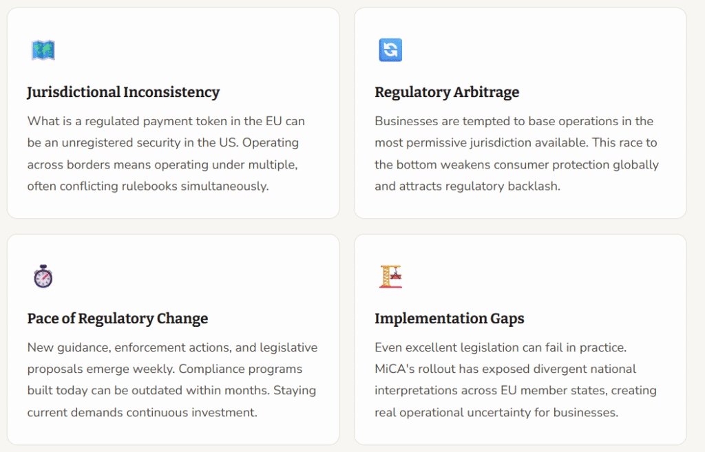 Matrice des risques de conformité Visualisation des quatre principaux défis réglementaires dans le secteur des cryptomonnaies : incohérence, arbitrage, changement et lacunes.
