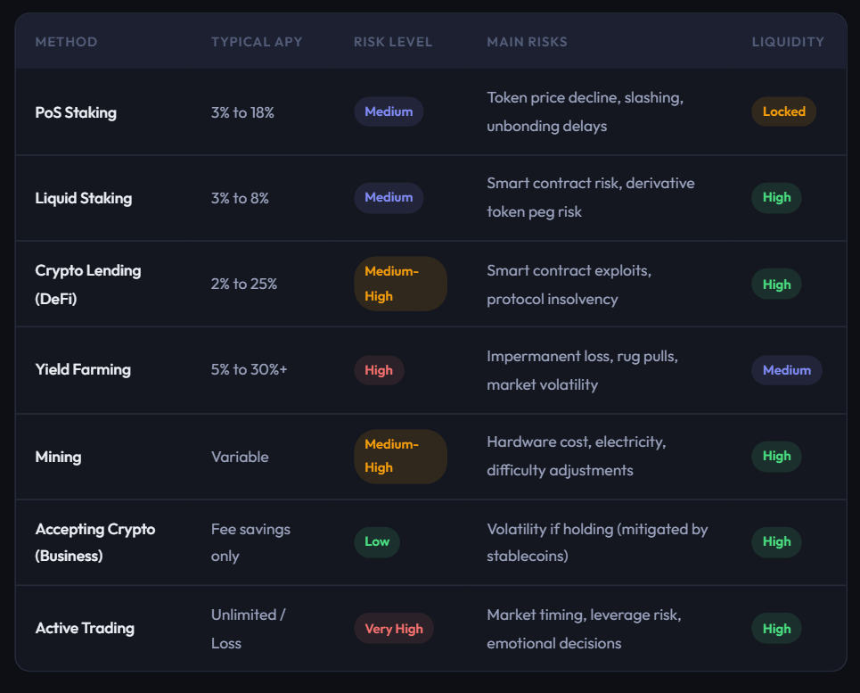 Comparative table of earning methods like PoS Staking, Liquid Staking, and Yield Farming, ranked by APY range, risk level, and asset liquidity for 2026.