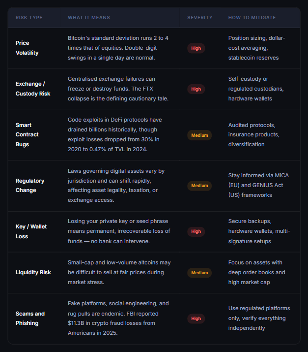  A comprehensive risk table covering price volatility, custody risks, and smart contract bugs, with specific mitigation steps like hardware wallets and diversification.