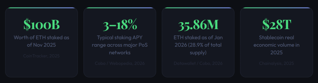 Cryptocurrency earnings line graph showing Ethereum staking supply reaching 36 million ETH with a 30% total network participation rate as of early 2026.