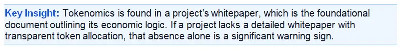 Tokenomics insight text stating that a detailed whitepaper with transparent token allocation is essential for evaluating a project’s economic logic.