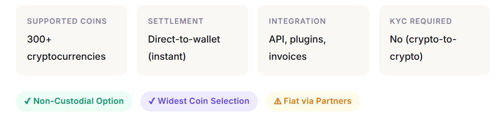 Technical summary of a gateway with 300+ coins, instant wallet settlement, and no crypto-to-crypto KYC.