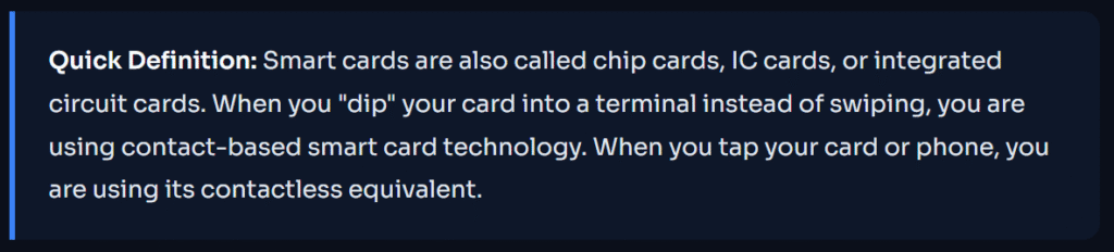 A technical definition of smart card interfaces, distinguishing between "dipping" (contact-based) and "tapping" (contactless) chip technology.