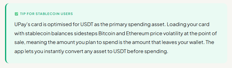  UPay card stability tip explaining that using USDT as the primary spending asset avoids the price volatility of Bitcoin and Ethereum during transactions.