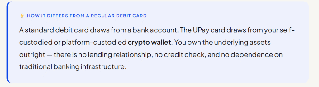 Comparison of standard debit cards vs. UPay cards showing that UPay draws from self-custodied crypto wallets without requiring a bank account.