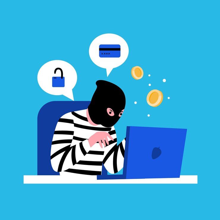 Hacker activity concept with man and laptop illustration.