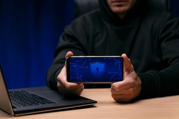 Close-up photo of a programmer holding a phone.