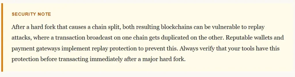 Hard Forks vs Soft Forks security note explaining the risks of replay attacks after a chain split and the importance of using wallets with built-in replay protection.
