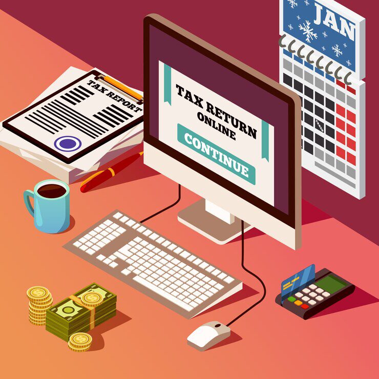 A desktop showing “Tax Return Online” with Tax report forms on the table and a calendar with coins and local currencies