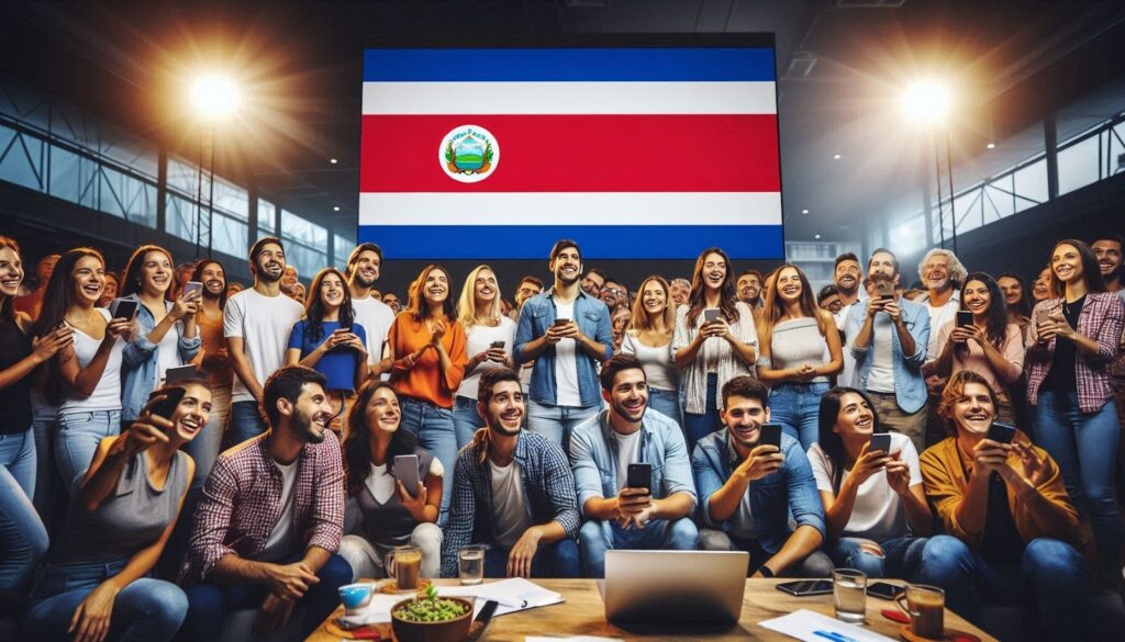 A group of people in Costa Rica is gathered around a large screen displaying a Costa Rica flag.