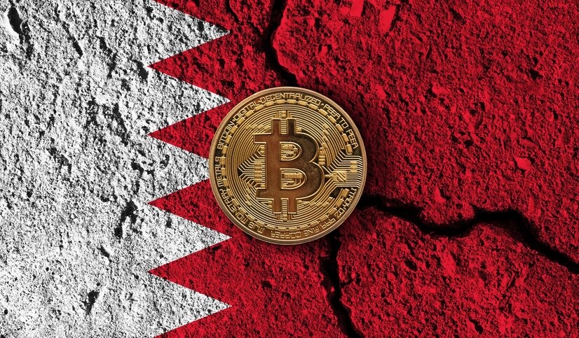 A bitcoin over a rock-themed Bahrain flag
