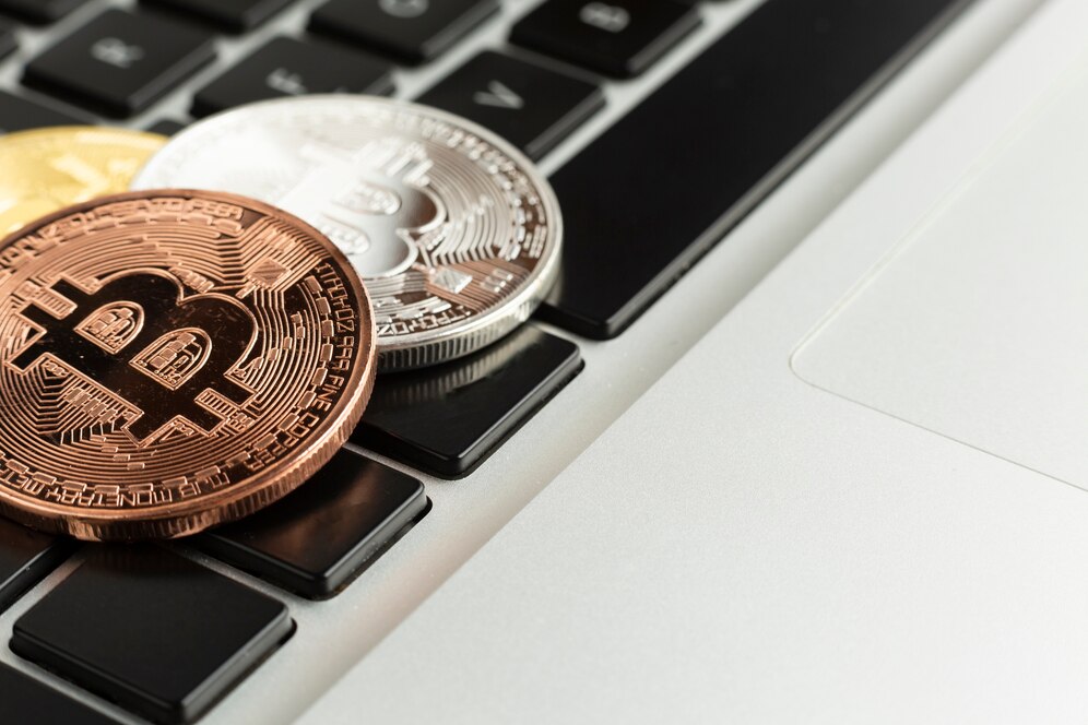 Crypto coins on keyboard