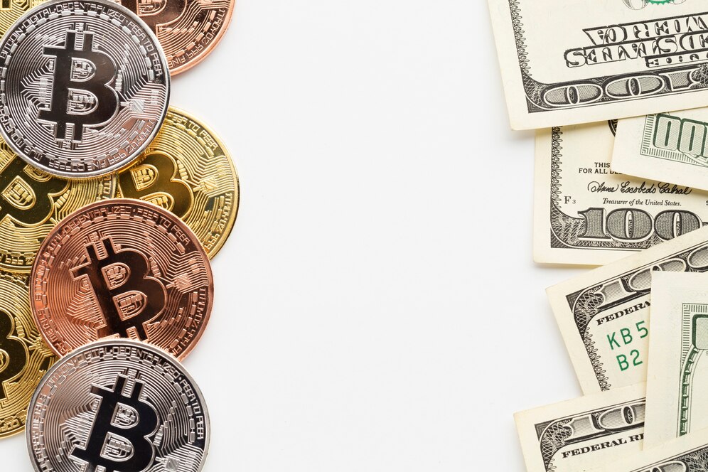 Flat lay of crypto coins and paper money