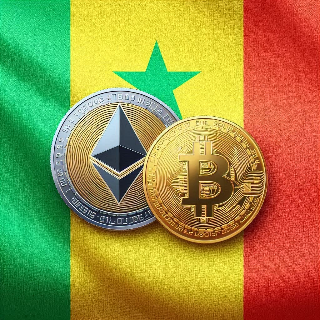 Ethereum and Bitcoin logos superimposed on the flag of Senegal.