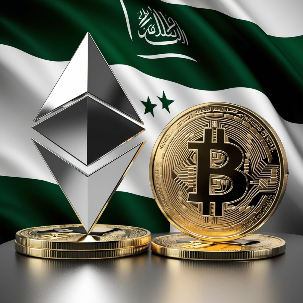An Ethereum and Bitcoin on a flag of Saudi Arabia 