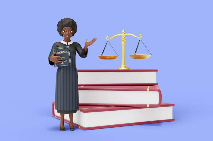 Female judge with law books and scales