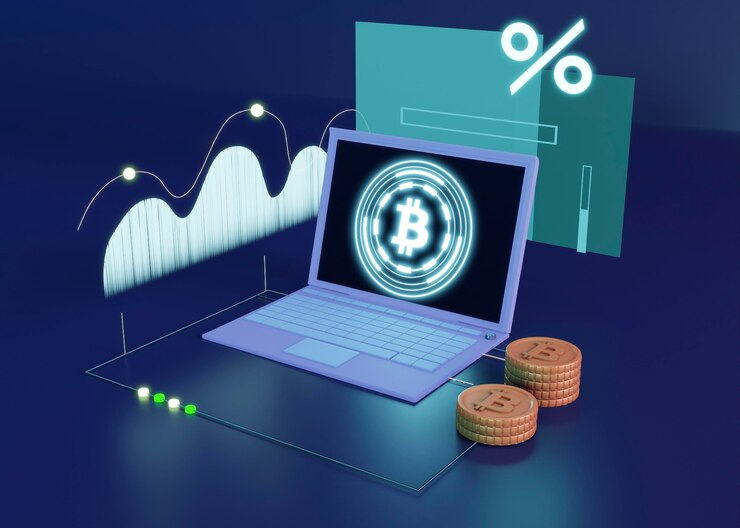 Bitcoin on a laptop with chart and coins