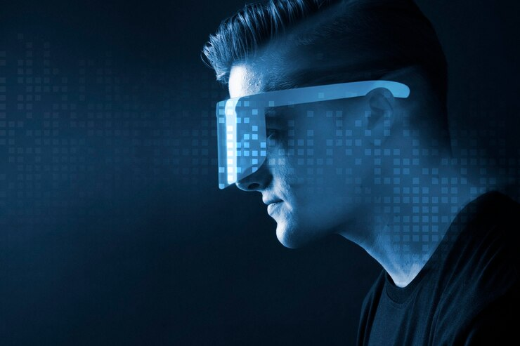 Man in VR goggles with digital interface