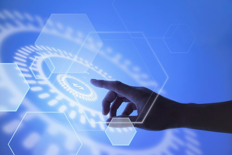 Hand interacting with a holographic digital interface