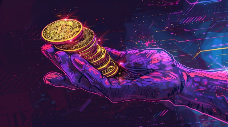 A hand holding stacked Bitcoins against a neon futuristic background.