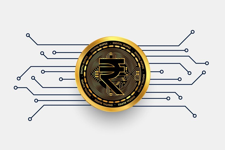 Digital currency symbol in a golden coin.