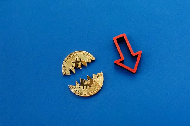 Broken Bitcoin concept with downtrend falling red arrow