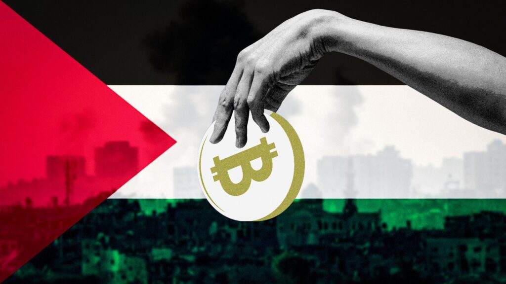 Hand holding bitcoin on Palestine flag