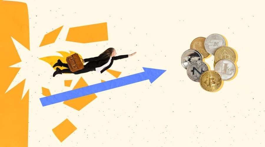 Woman breaking from barrier, and jumping towards coins