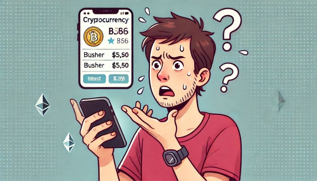A person holding a smartphone with a confused expression on their face, looking at a screen with a cryptocurrency wallet app. 