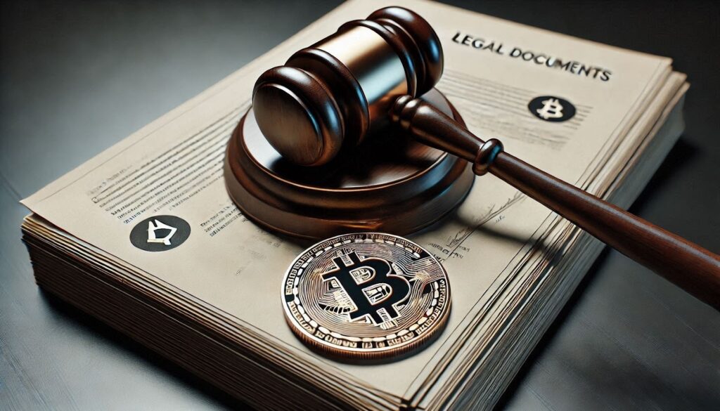 A close-up of a gavel and a stack of legal documents with a cryptocurrency logo on them.