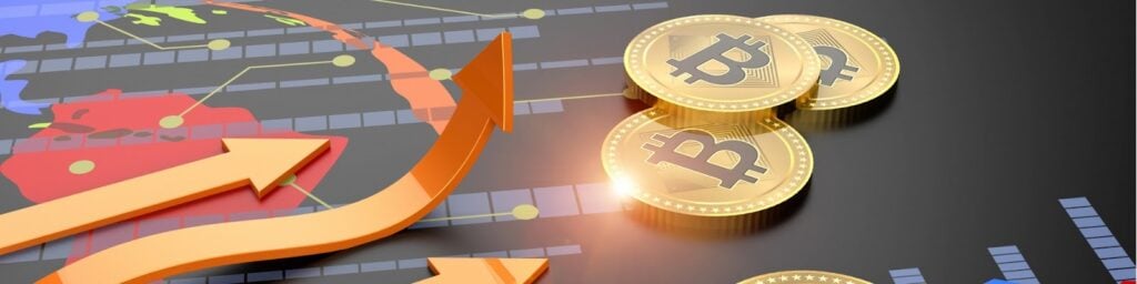 An arrow on a graph with Bitcoins by its side