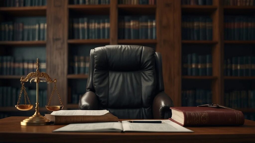 Leather armchair with a wooden desk and a bookshelf of law books behind it. On the desk are a pair of gold scales, a pen, and several law books.