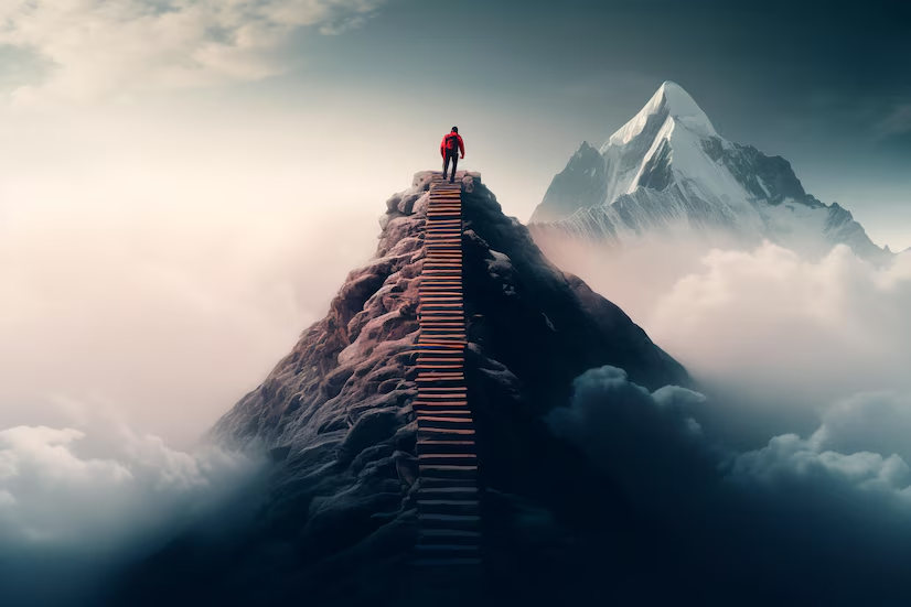 Person standing on mountain summit after climbing long staircase