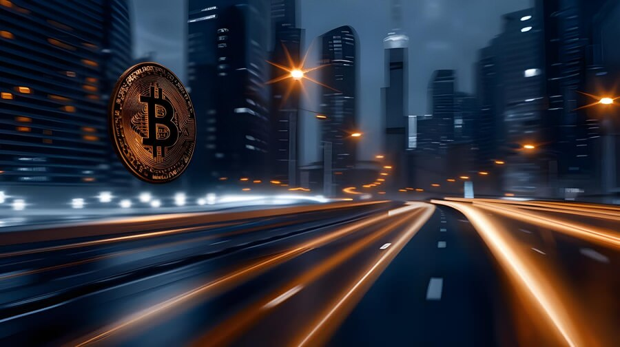 Bitcoin symbol over illuminated city highway at night