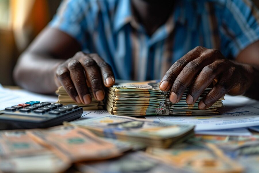 Person counting money with calculator on desk