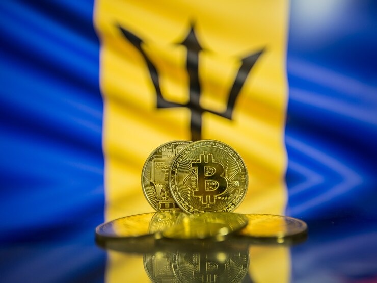 Bitcoin gold coin with defocused Barbadian flag