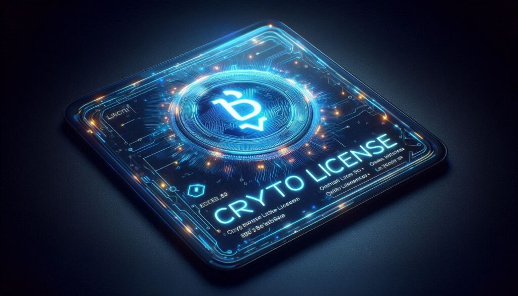 A digital license with a holographic seal that reads 'Crypto License' in bold letters. The license is on a dark background with a blue glow emanating from the seal.