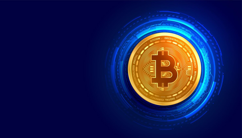 Bitcoin golden coin with a digital circuit-lined background.