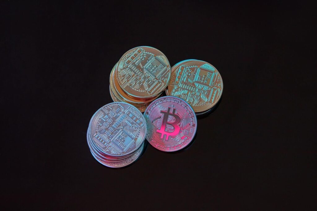 Bitcoins on Black Surface 