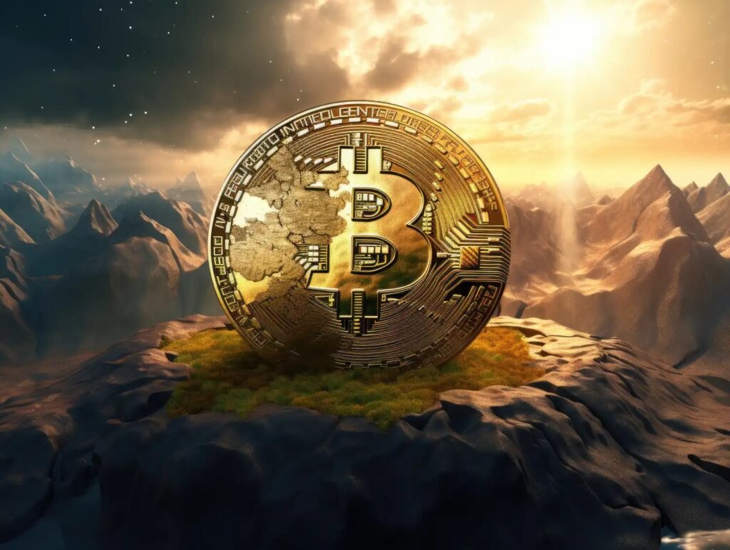 Gold Bitcoin Logo Emerging from Beautiful Earth Scenery Free Image