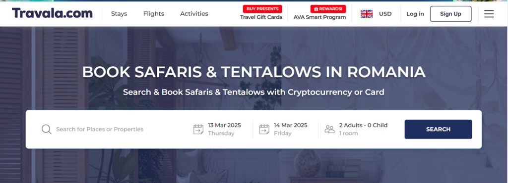 Homepage of Travala Romania