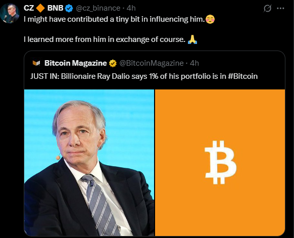 Binance founder, CZ, tweet on X