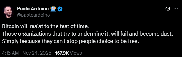 Paolo Ardoino tweet on X