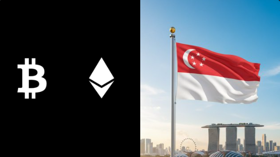Bitcoin logo, Ethereum logo and Singapore flag side by side