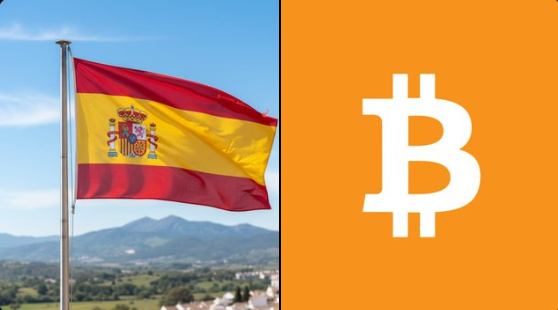 Spain’s flag beside Bitcoin logo